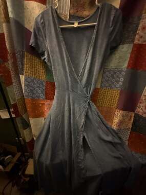 Primi Blue Acid Wash Wrap Midi Dress with Short Sleeves and Tie Waist